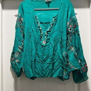 Embroidered Teal Blouse by Easel